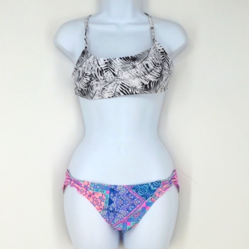 No Boundaries Leaf Pattern Black Pink Bikini Set … - image 1
